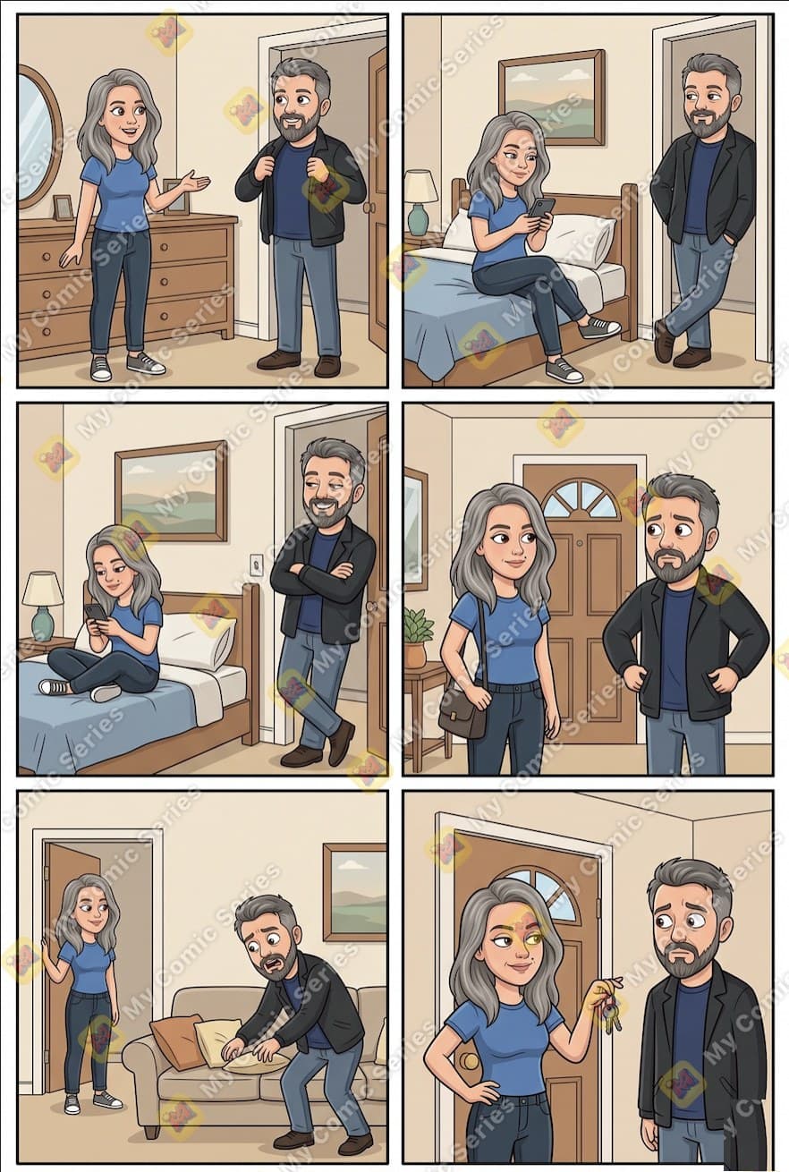 Six-panel comic strip made with My Comic Series: a wife announces she's ready to leave, sits back down on the bed with her phone while her husband waits smugly at the door — then the roles flip when he can't find his keys, and she's the one waiting at the door holding them.
